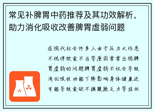 常见补脾胃中药推荐及其功效解析，助力消化吸收改善脾胃虚弱问题